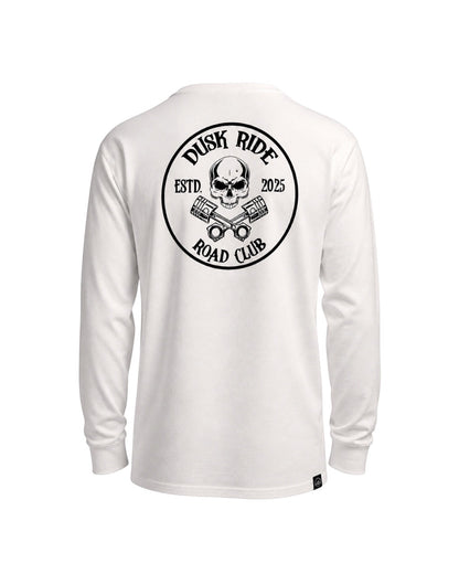 Weißes Dusk Ride Langarmshirt aus schwerer Baumwolle mit Skull Spark Plug Rückenprint im Biker-Stil