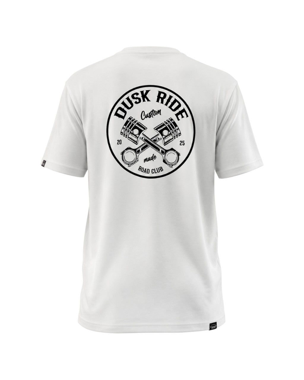 Dusk Ride Premium T-Shirt in Weiß aus 100% Baumwolle mit schwarzem Moto Pistons Backprint und Rundhalsausschnitt