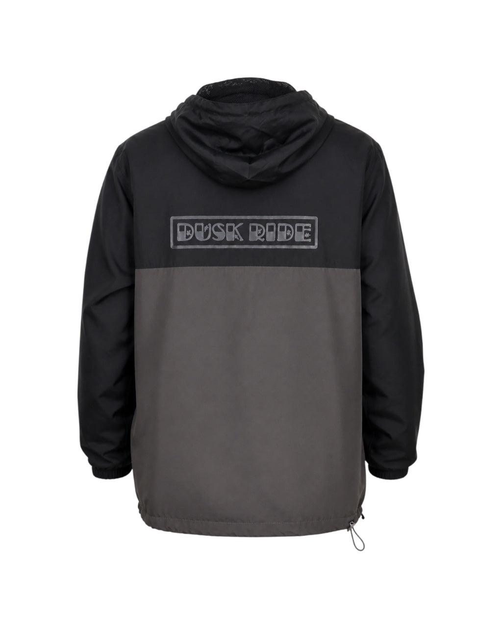 Dusk Ride Windbreaker in Schwarz und Grau mit Kapuze, Innennetz und DUSK RIDE Backprint auf der Rückseite